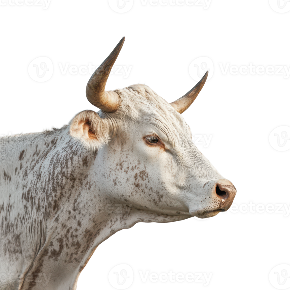 Speckled Cow Headshot A detailed view of a horned cow against a highlighting its unique spotted pattern png