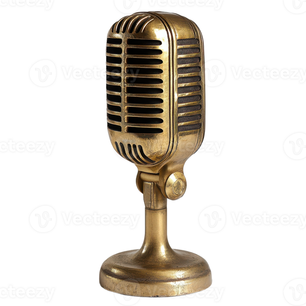 Classic golden microphone A retro-style audio device Perfect for broadcasts singing recording and performances Nostalgic design on a png