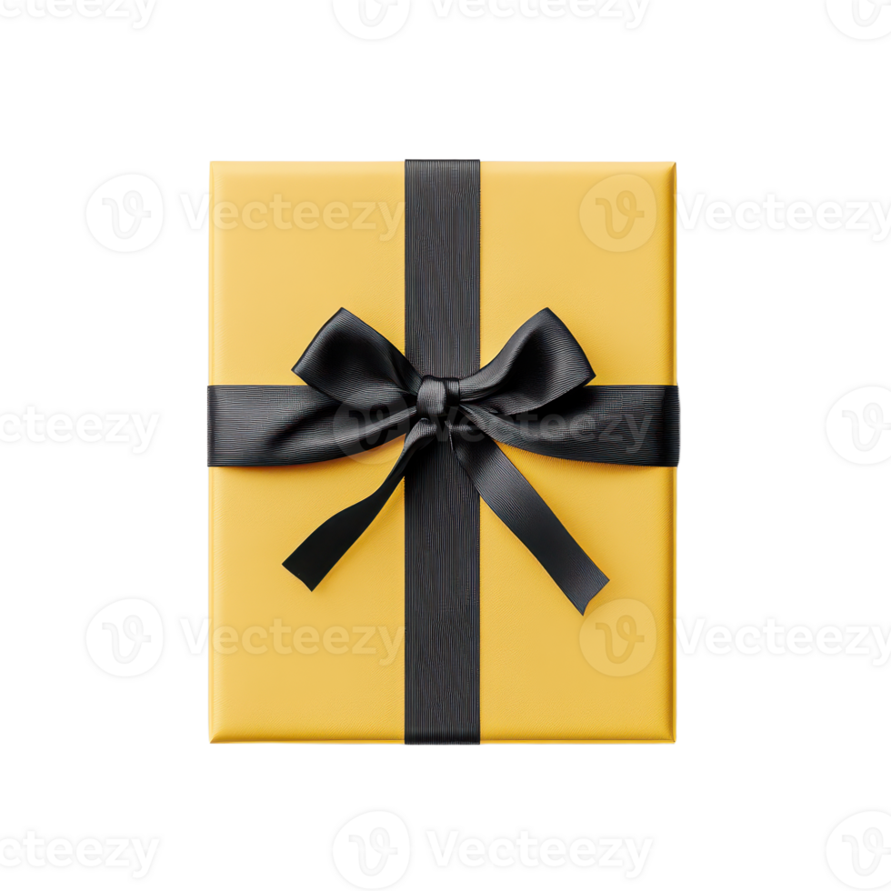 Gift presentation featuring a gold-colored box tied with a ribbon and a bow standing against a dark transparent backdrop png