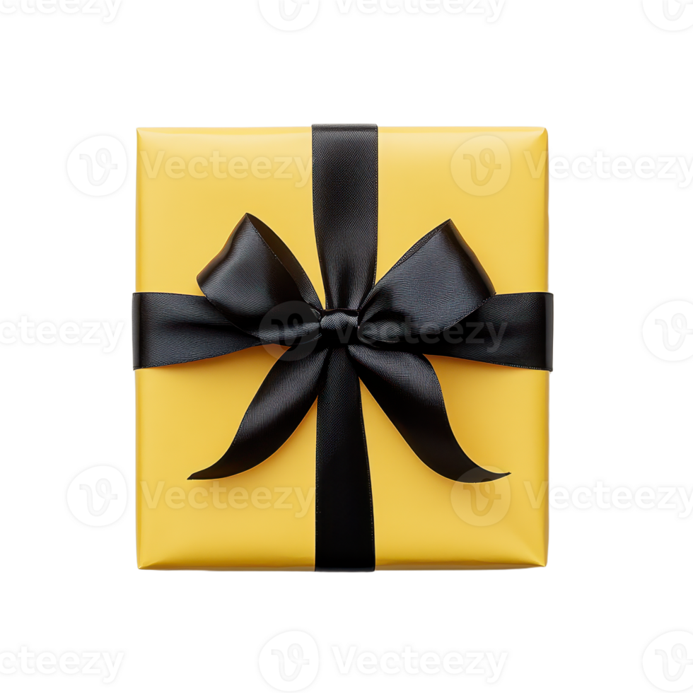 Gift wrapped in yellow paper with a satin ribbon and bow presented in a crisp studio shot with a clean transparent background png