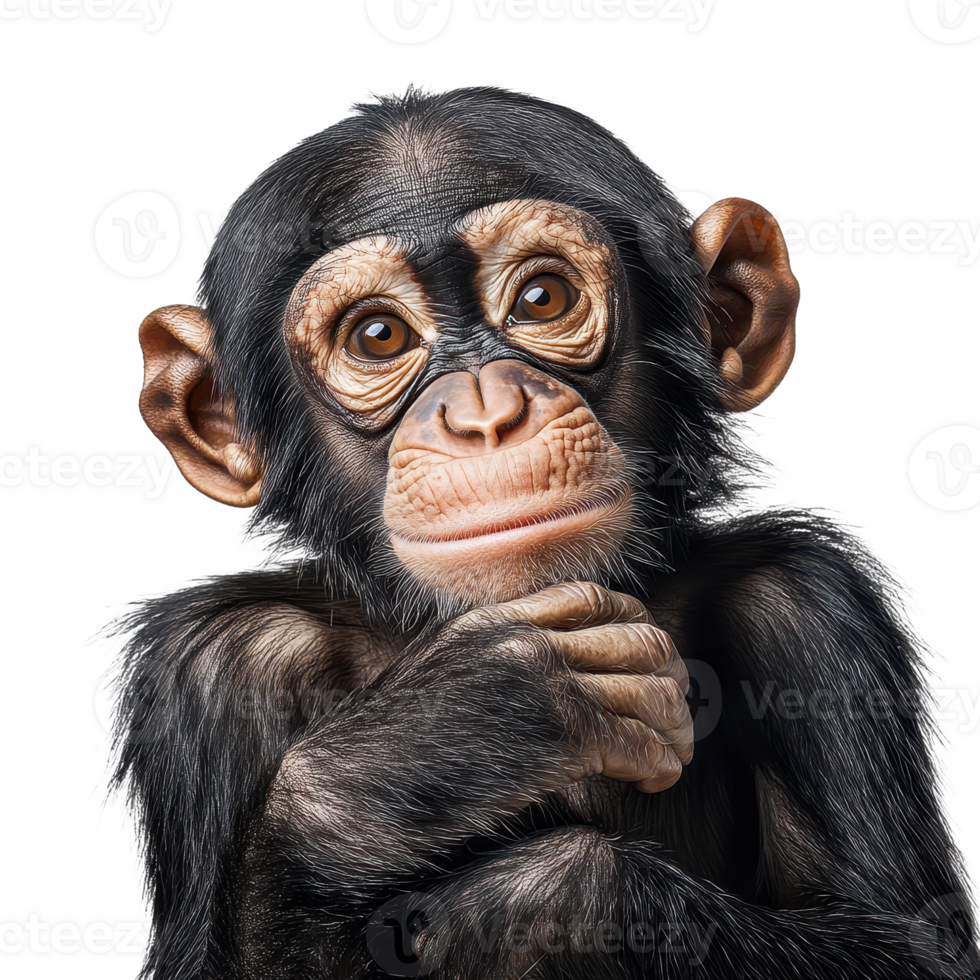 Introspective chimpanzee portrait with hand to chin set against a clear backdrop showing its thoughtful expression An adorable primate photo png