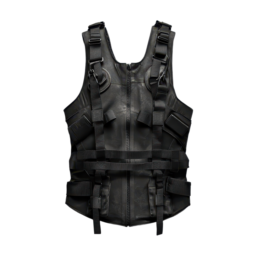 Tactical vest featuring a leather finish multiple straps and pouches designed for utility and a distinct aesthetic appeal png