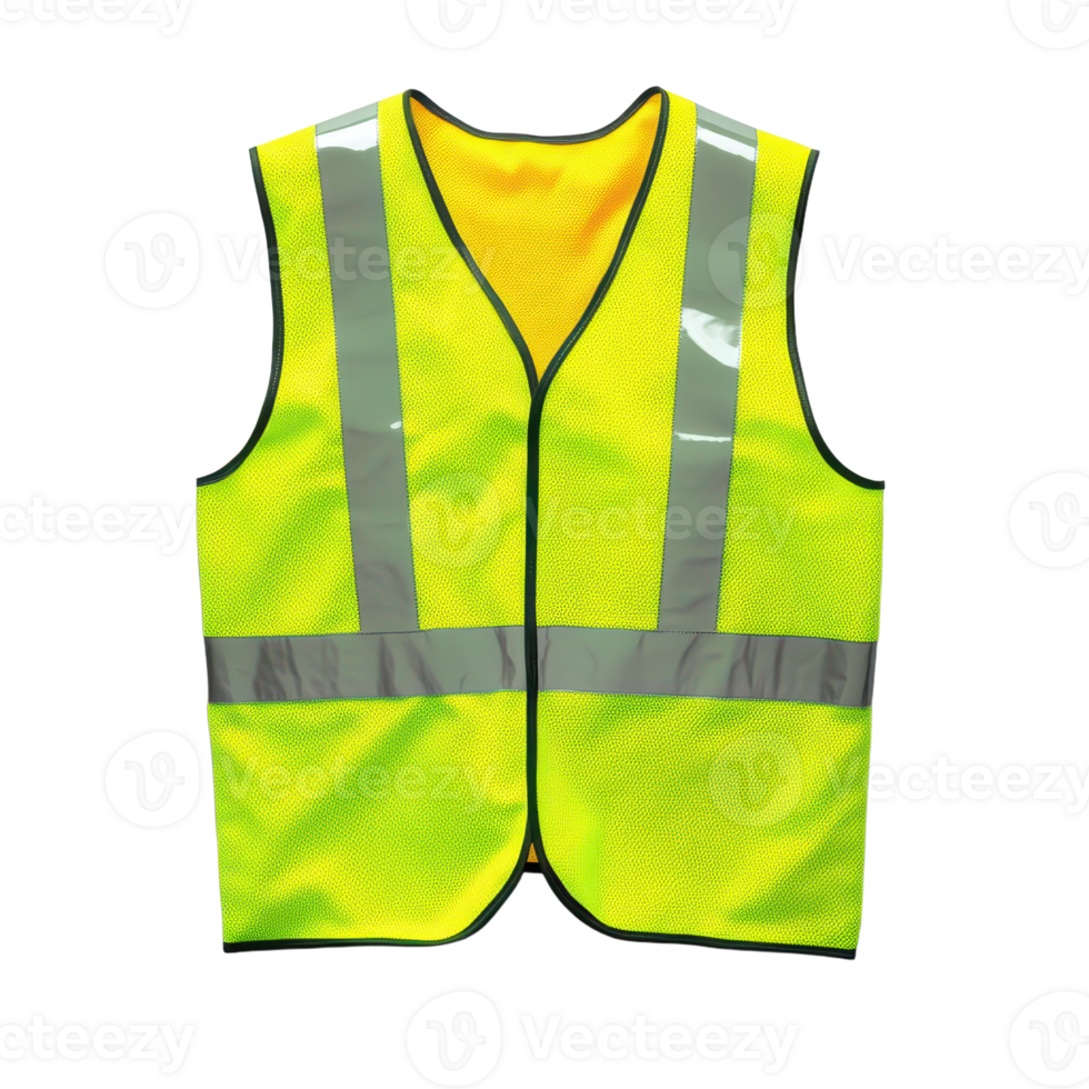 Bright yellow safety vest with reflective stripes designed for high visibility and safety in various work environments and activities png
