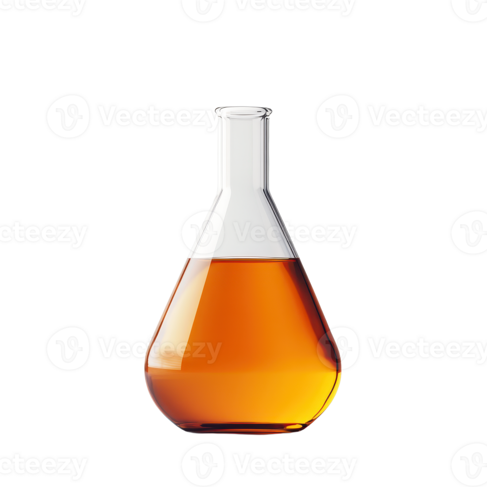Scientific Erlenmeyer flask filled with a translucent orange liquid isolated on For science chemistry experiments and research png