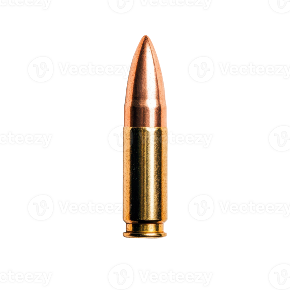 Ammunition on Close-up of a single shiny bullet with a copper tip and golden casing isolated on a dark background Focused and ready png