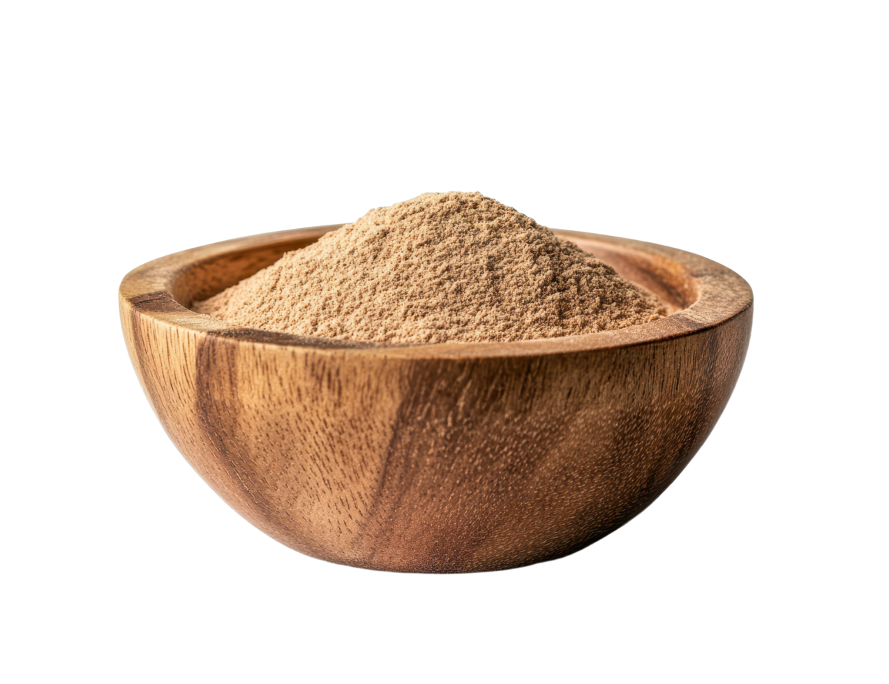 Wooden bowl filled with brown powder on backdrop Minimalist studio shot of ingredient or spice png