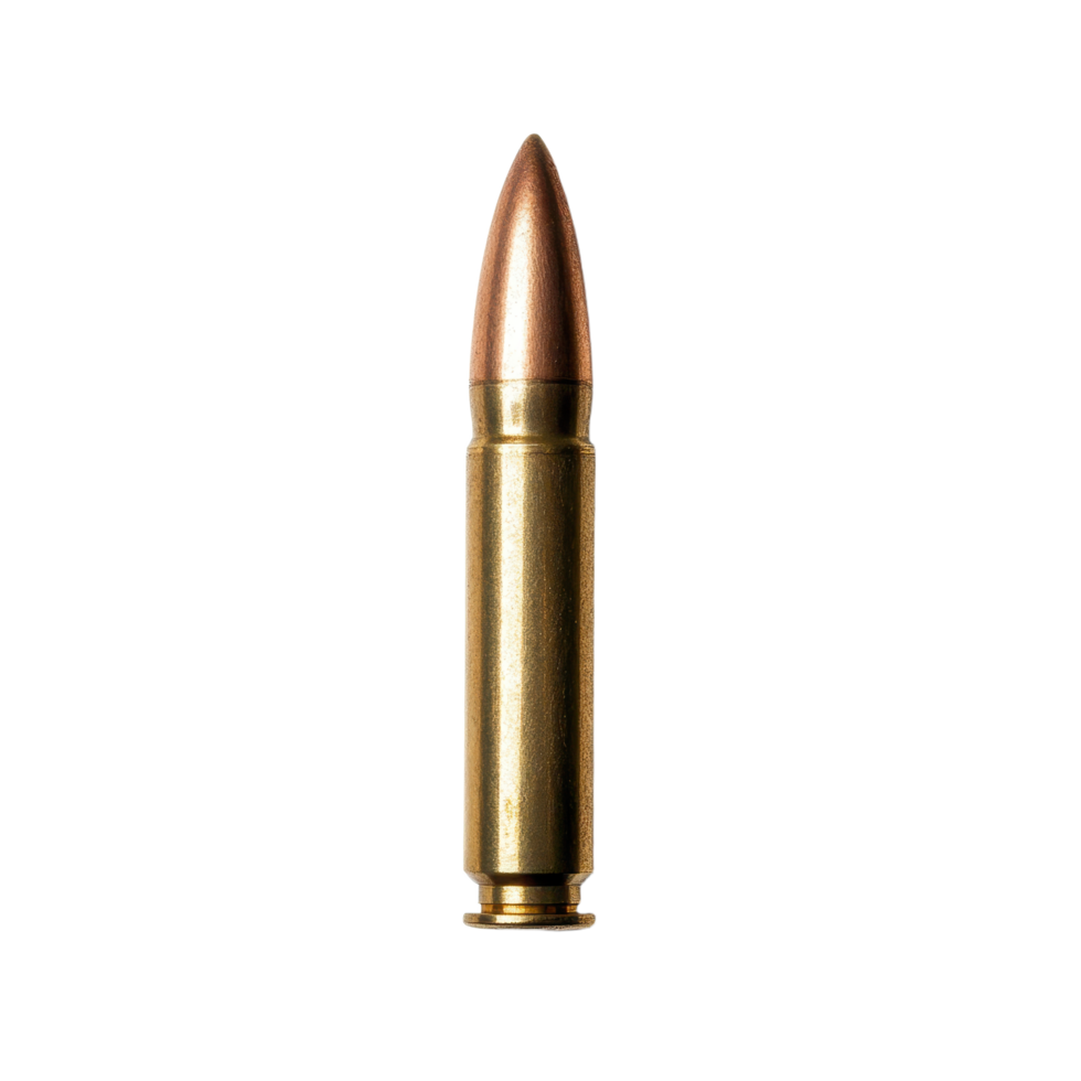 Close-up of a copper and brass bullet on a transparent background showing detail and design Sharp and clear illustration of ammunition png
