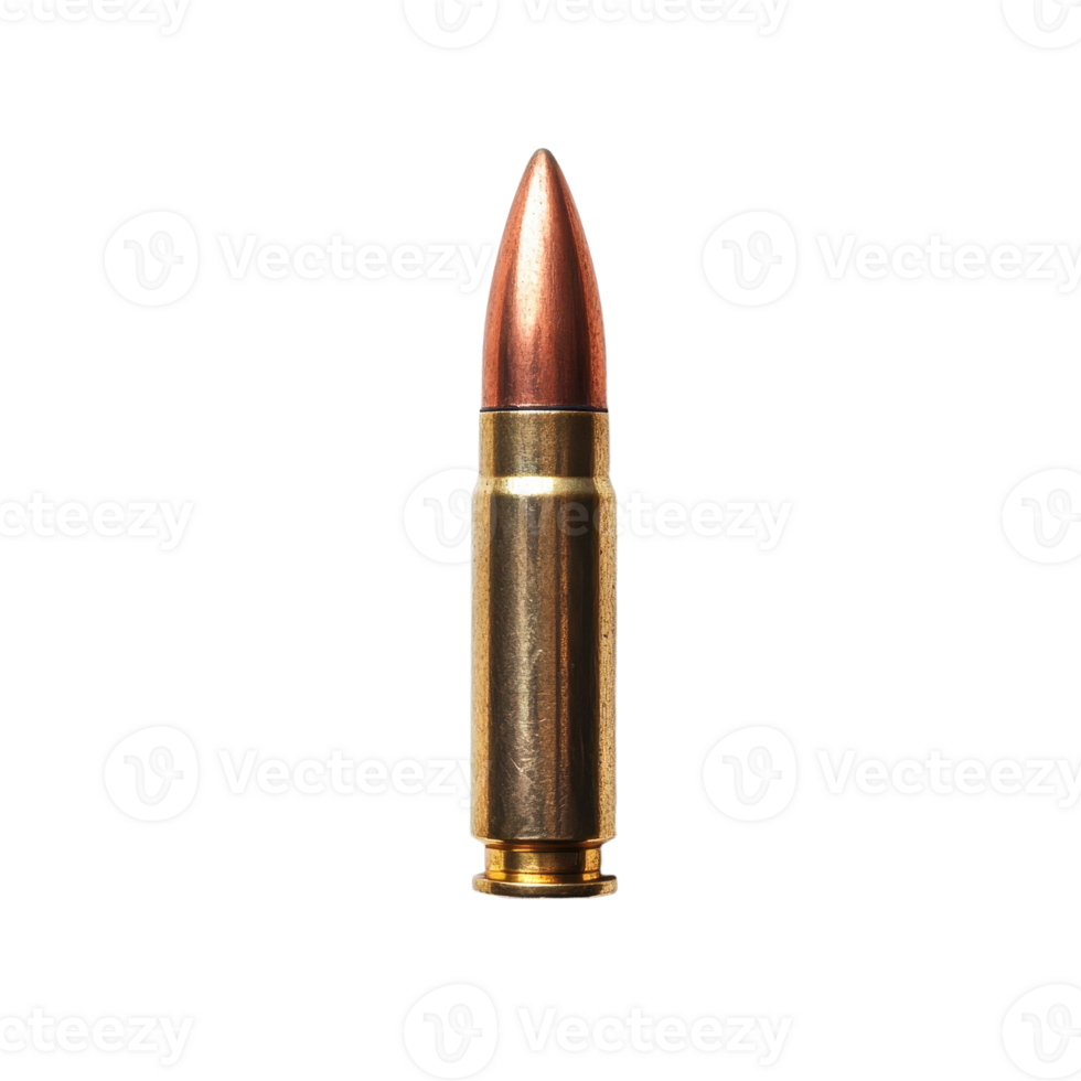 A close-up view showcases a copper-tipped bullet against a stark highlighting its metallic sheen and precise construction png
