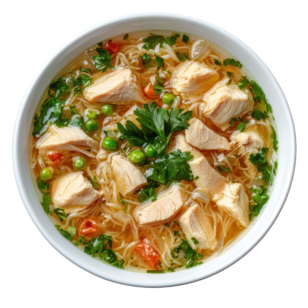 Warm bowl of chicken noodle soup with fresh vegetables Nutritious and comforting meal perfect for a cold day png
