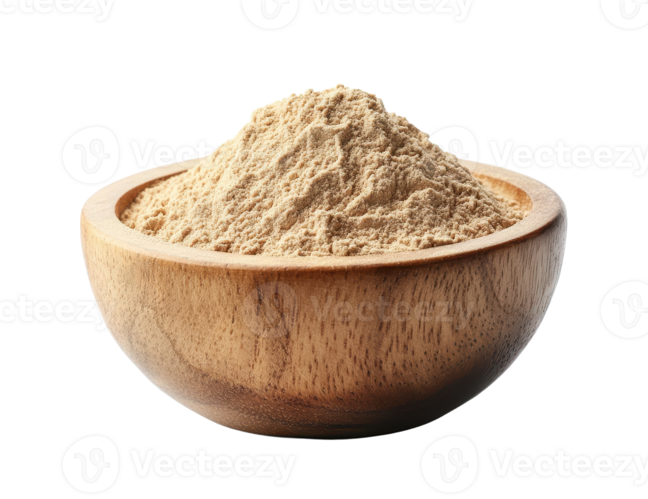 Wooden bowl filled with a pile of powder isolated on a transparent background Food ingredient for baking cooking or flavoring png