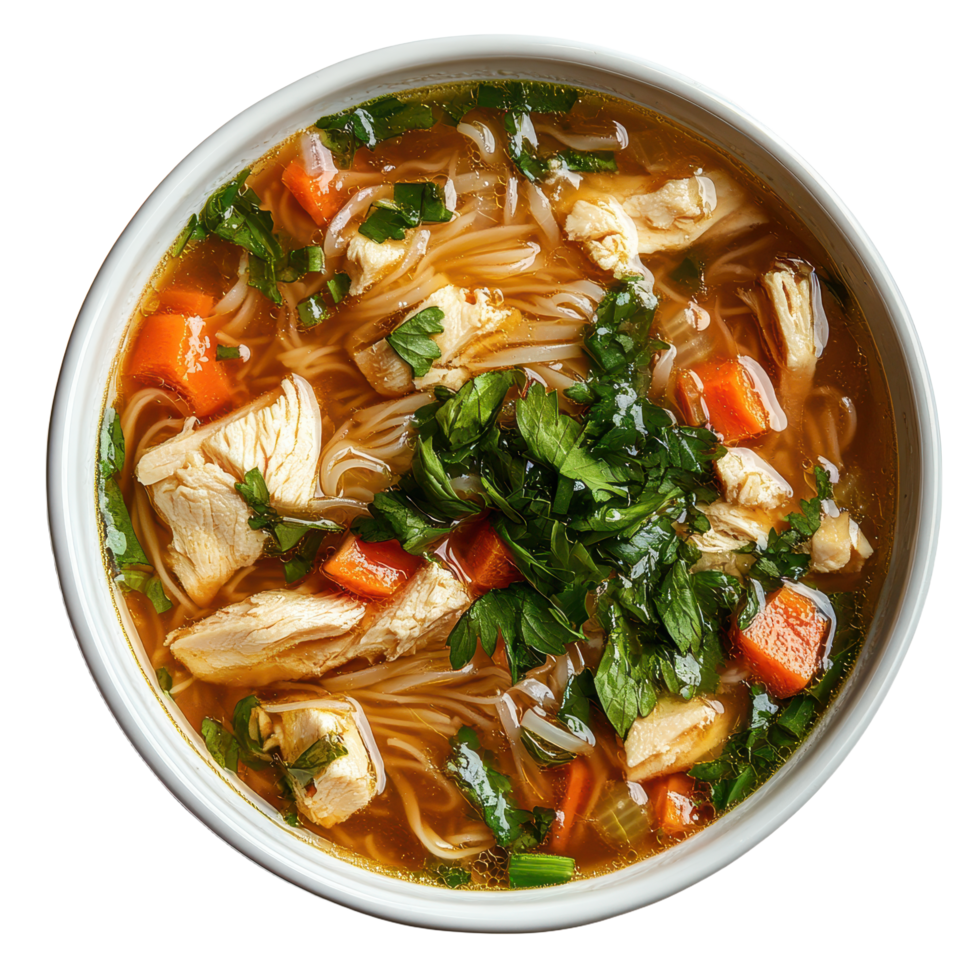 A delicious bowl of chicken noodle soup featuring carrots parsley and noodles in a savory broth served in a bowl png