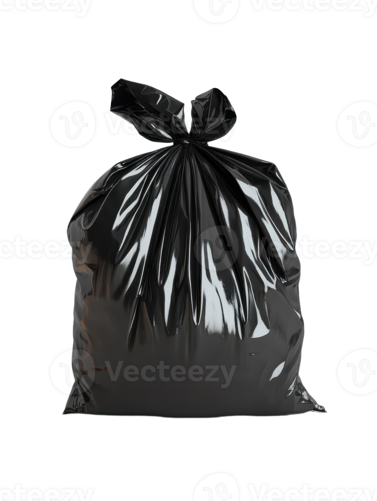 A sleek glossy plastic bag It is filled and tied off at the top set against a transparent backdrop ready for disposal or recycling png