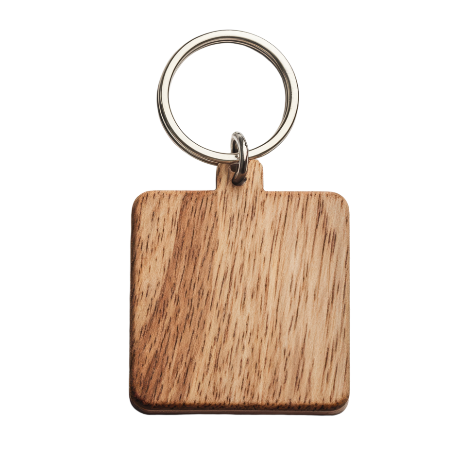 Wooden keychain with silver ring on a transparent background A simple and elegant design showcasing natural wood grain and neutral tones png