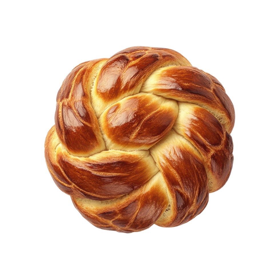 A braided loaf of golden challah bread is shown in a detailed close-up shot The bread is shiny and freshly baked png