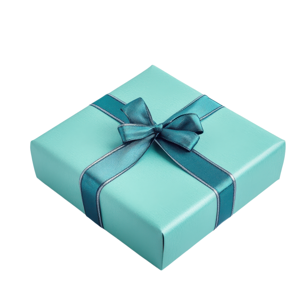 Elegant turquoise gift box tied with a satin ribbon perfect for special occasions presented against a transparent background png