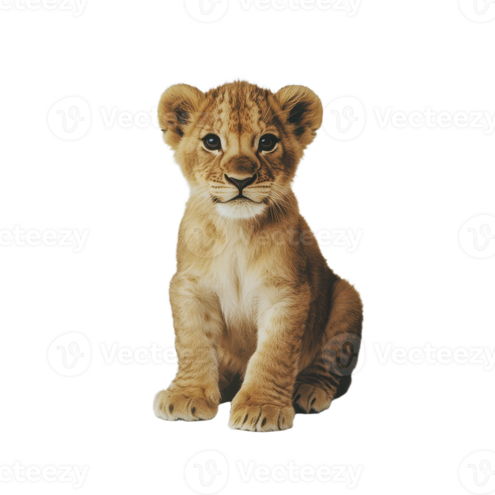 Adorable lion cub sitting upright its bright eyes and fluffy fur capturing youthful innocence against a transparent backdrop png