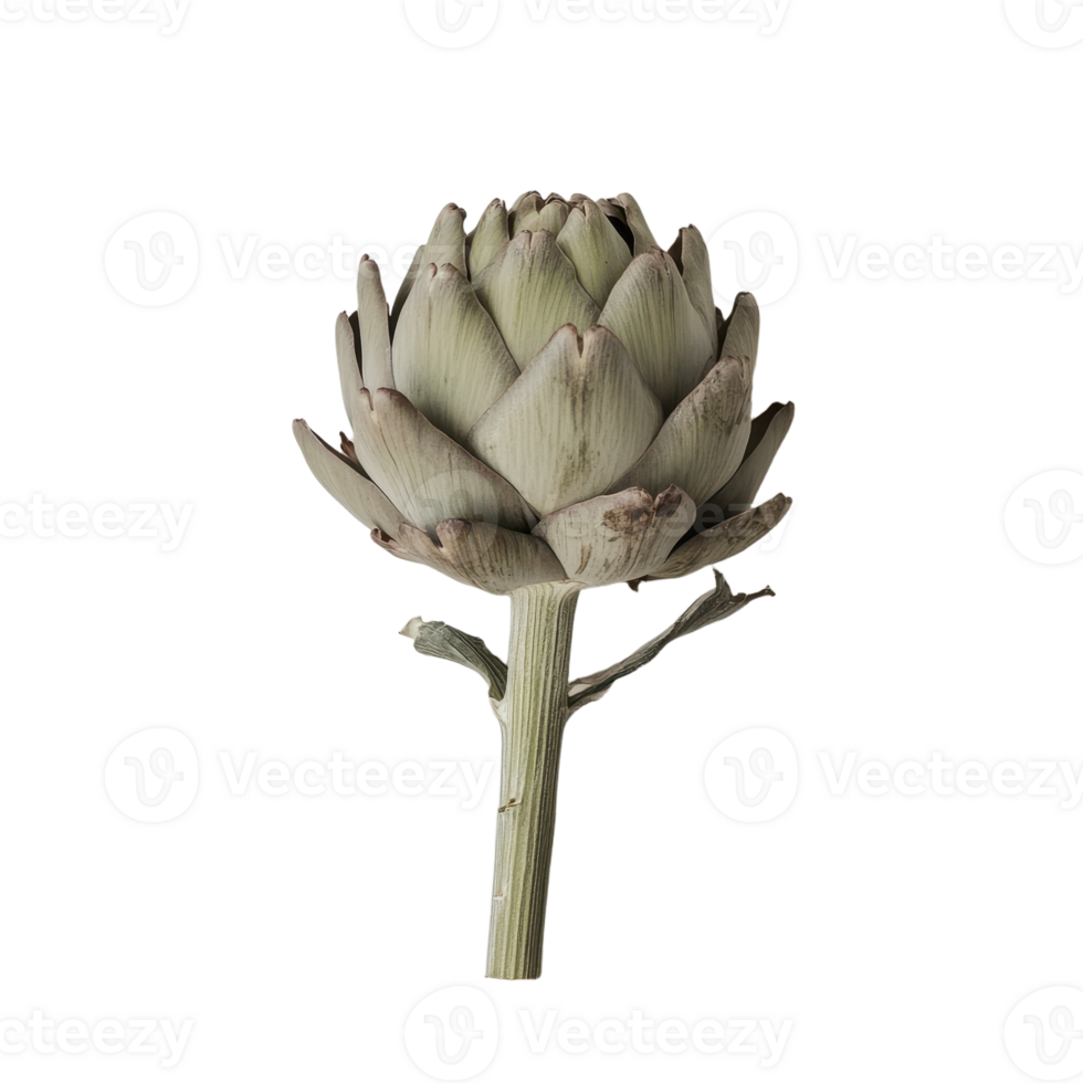 Isolated artichoke in detailed view with layered petals earthy tones and transparent background perfect for culinary or nutritional projects png