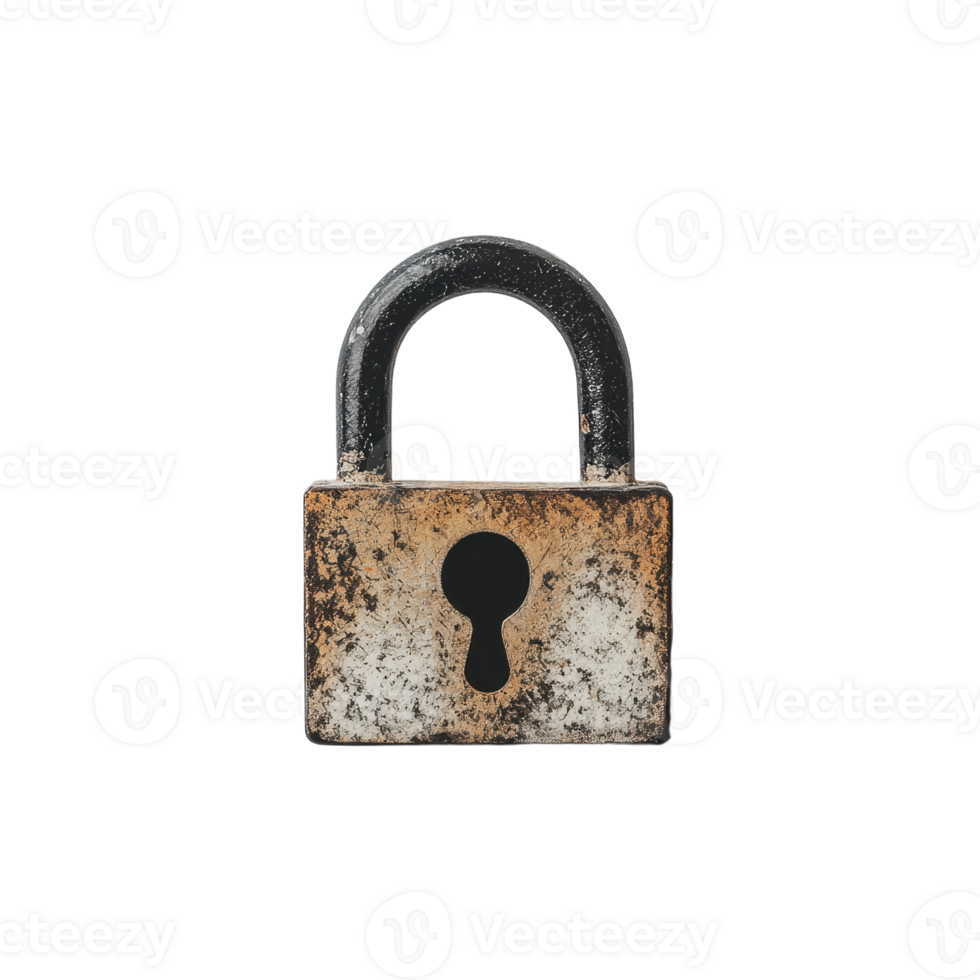 Worn metallic padlock with visible signs of rust and age against a stark backdrop Security concept vintage aesthetic png