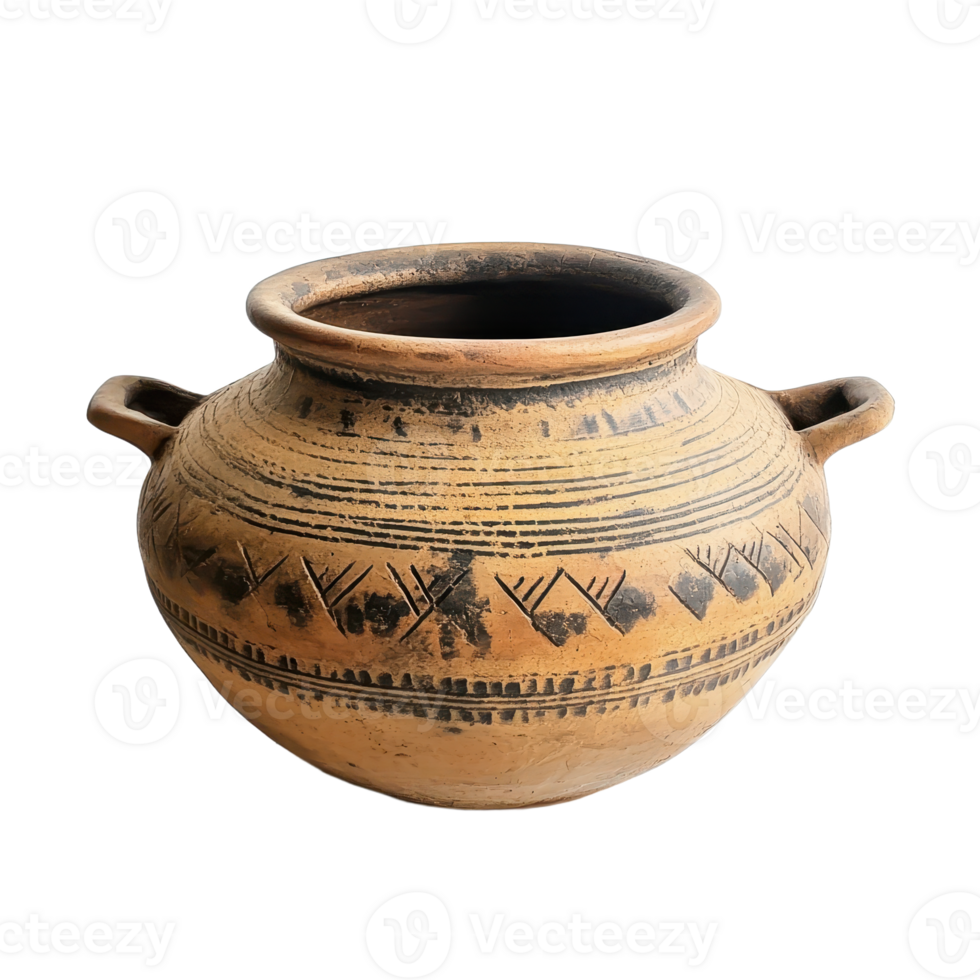 Handcrafted clay pot with geometric patterns featuring small handles on a transparent background Ancient vessel design png
