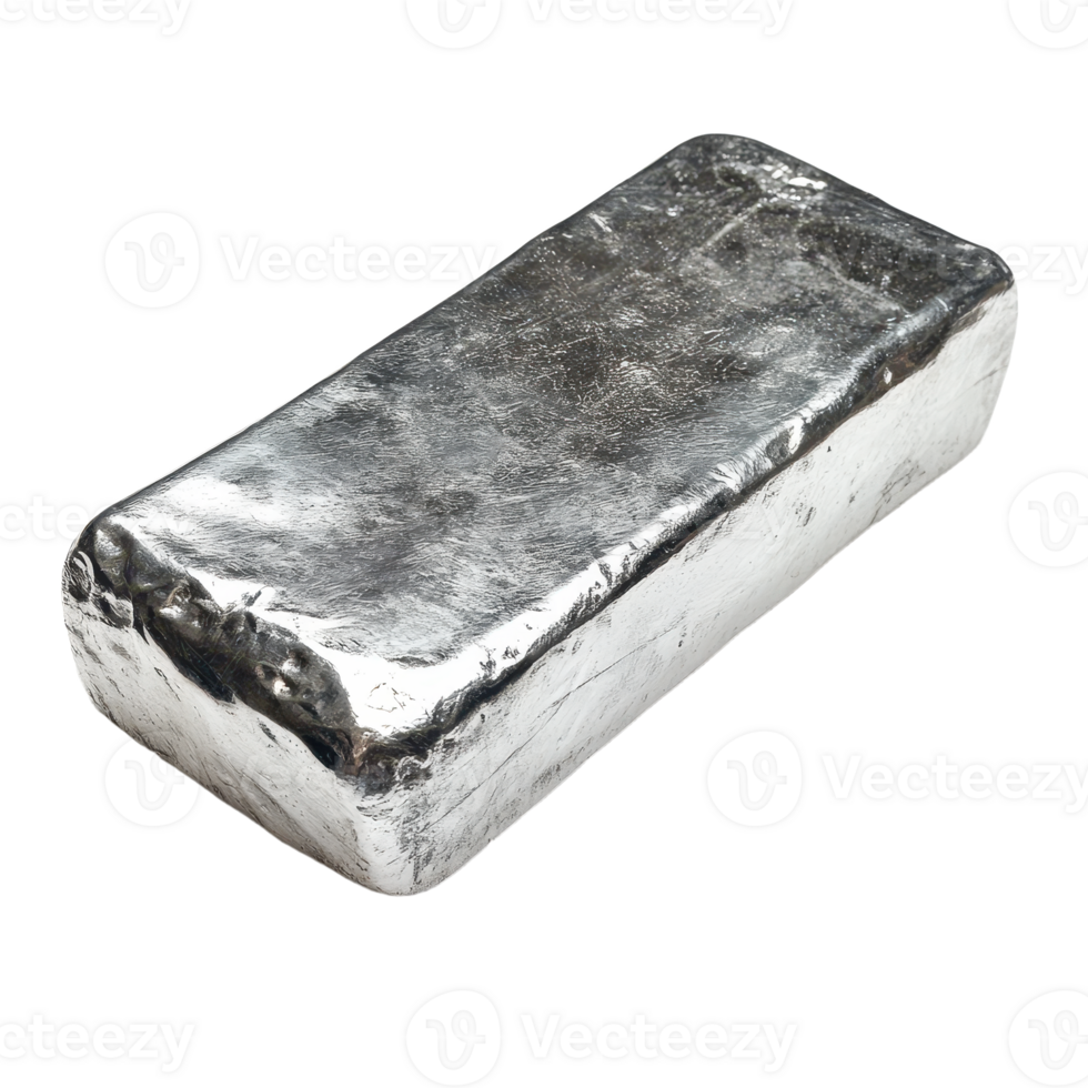 A shiny rectangular metal ingot reflects light The simple design shows raw unrefined metal in its basic geometric form on a dark background png