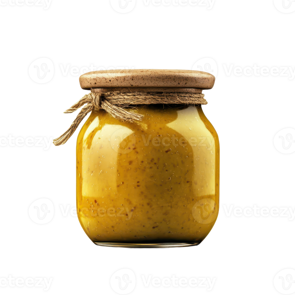 Jar of mustard condiment with a rustic twine tie Culinary delight for sandwiches hotdogs or sausages. The perfect addition to any meal png