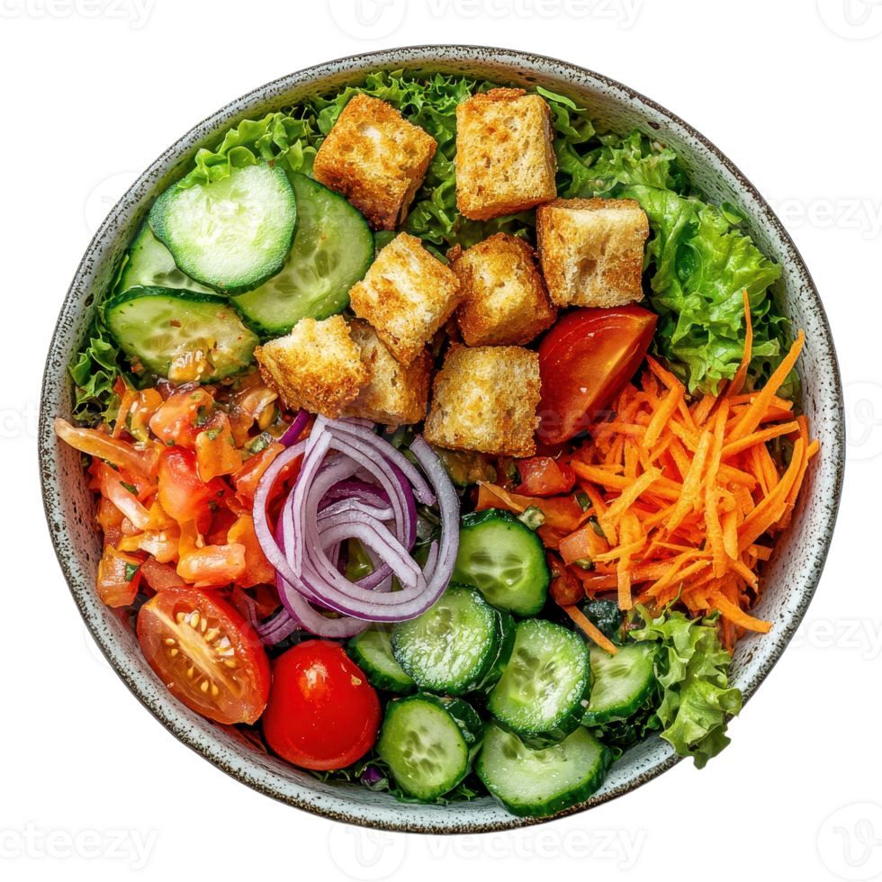 Fresh salad bowl with vibrant vegetables crunchy croutons and crisp lettuce A healthy and delicious meal option Ready to eat on the go png