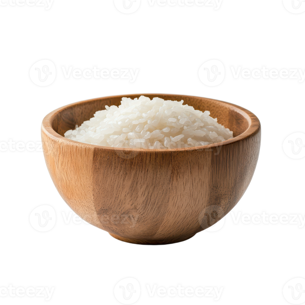 Wooden bowl filled with fluffy rice photographed on a transparent background for easy placement in various designs png
