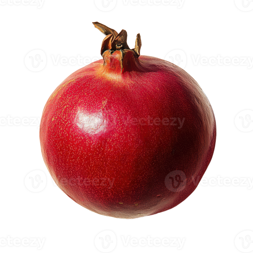 Ruby red pomegranate with intricate crown detail showcasing its vibrant color and texture against a stark background png