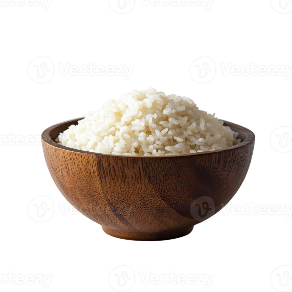 Steaming rice in a wooden bowl against a plain background offers a simple wholesome image with a focus on natural food presentation png