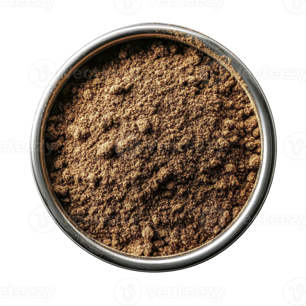 Brown powder fills a silver-rimmed container against a The fine particles create a dense uniform texture png