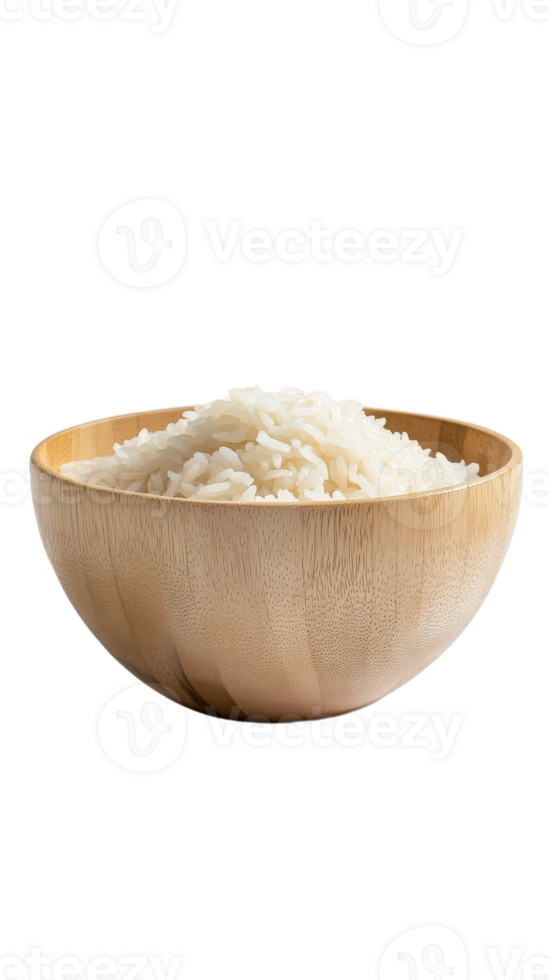 Bowl of fluffy cooked rice steaming slightly against a Light wooden bowl Rice is and soft looking png