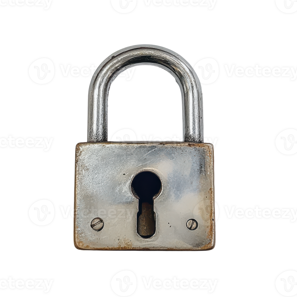 Metal padlock on transparent background Protection security and safety concept Old and weathered for an antique effect png