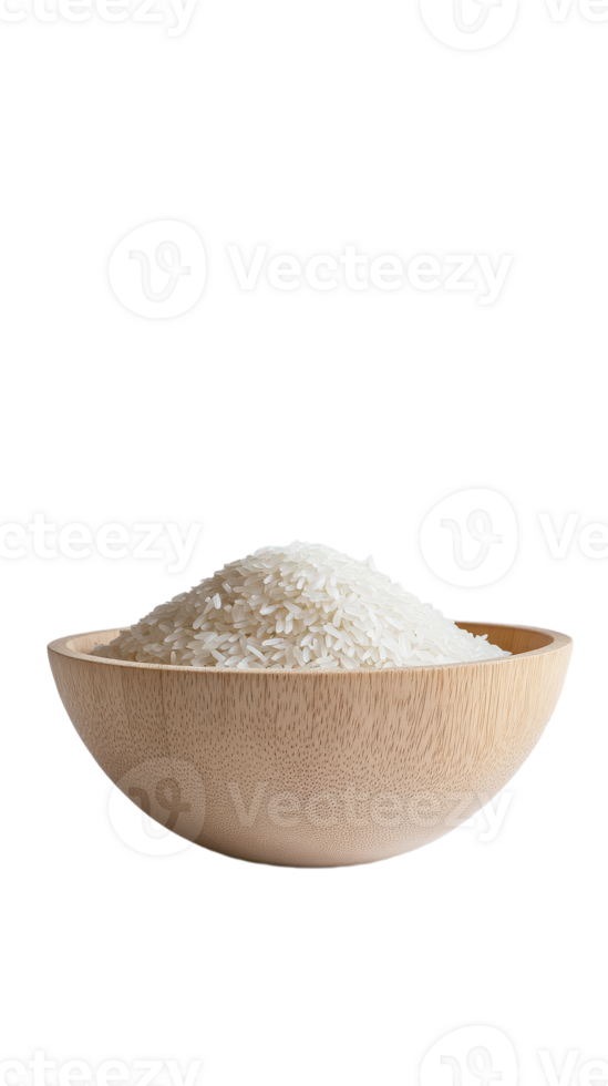 Rice in Wooden Bowl A simple image showing a bowl of uncooked rice ready for cooking against a plain png