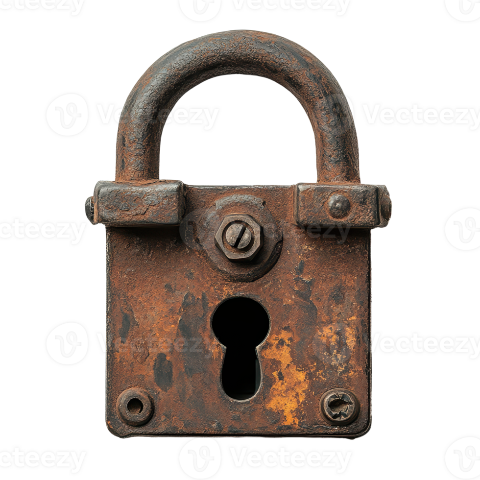 Weathered padlock with visible rust Illustrates security aging and decay with its corroded metal surface Perfect for representing forgotten access png