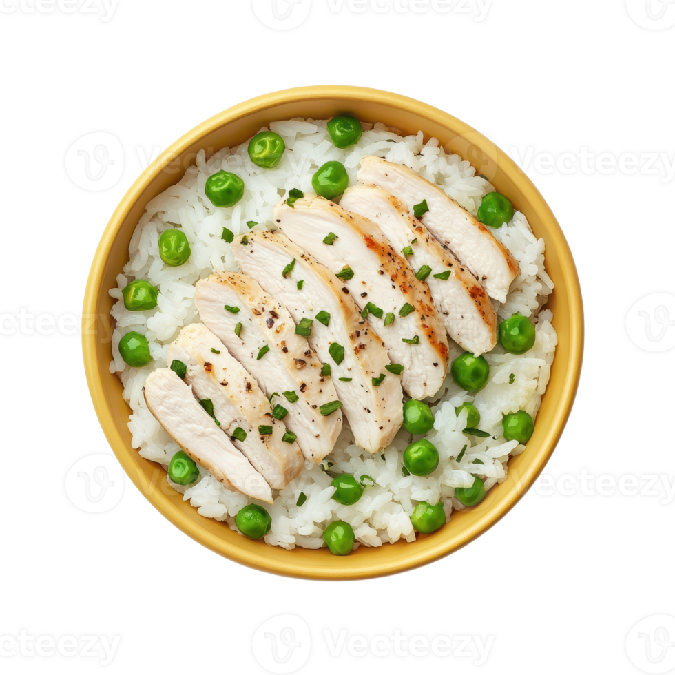 Chicken and Rice Bowl A healthy and delicious meal with sliced chicken breast fluffy rice and green peas in a yellow bowl png