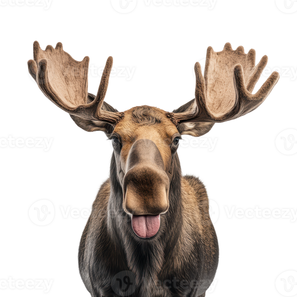 Close-up portrait of a majestic moose showing its tongue with large antlers against a transparent backdrop png