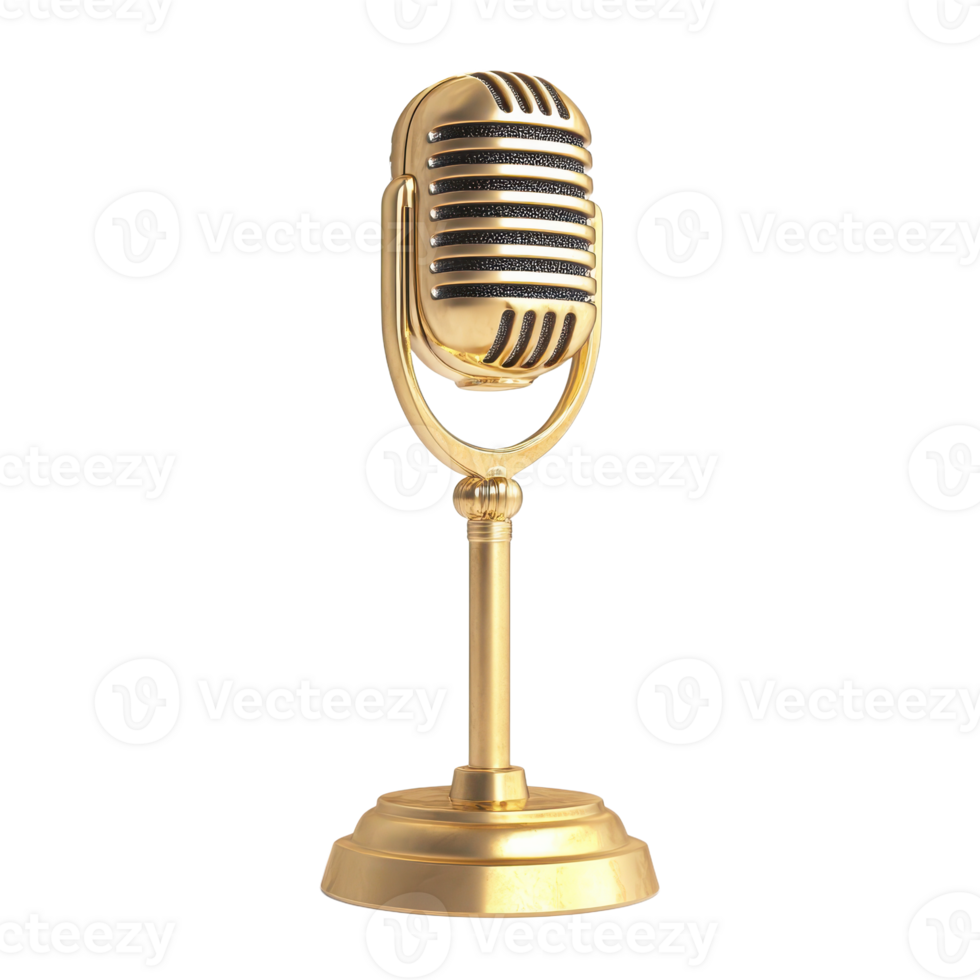 A gleaming golden microphone a symbol of performance and broadcasting stands elegantly against a stark transparent background Gold Microphone png