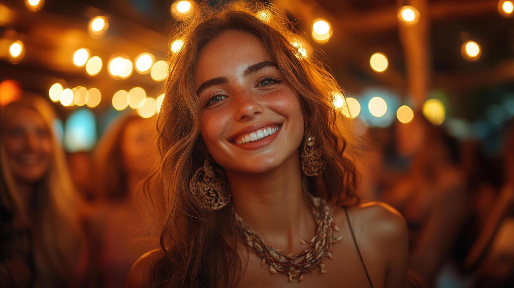A woman smiling in front of a crowd of people photo