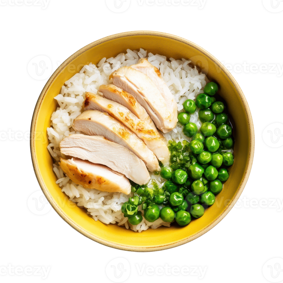 Chicken bowl with rice and peas a delicious and healthy meal ready to eat prepared with fresh ingredients in a yellow bowl Top view png