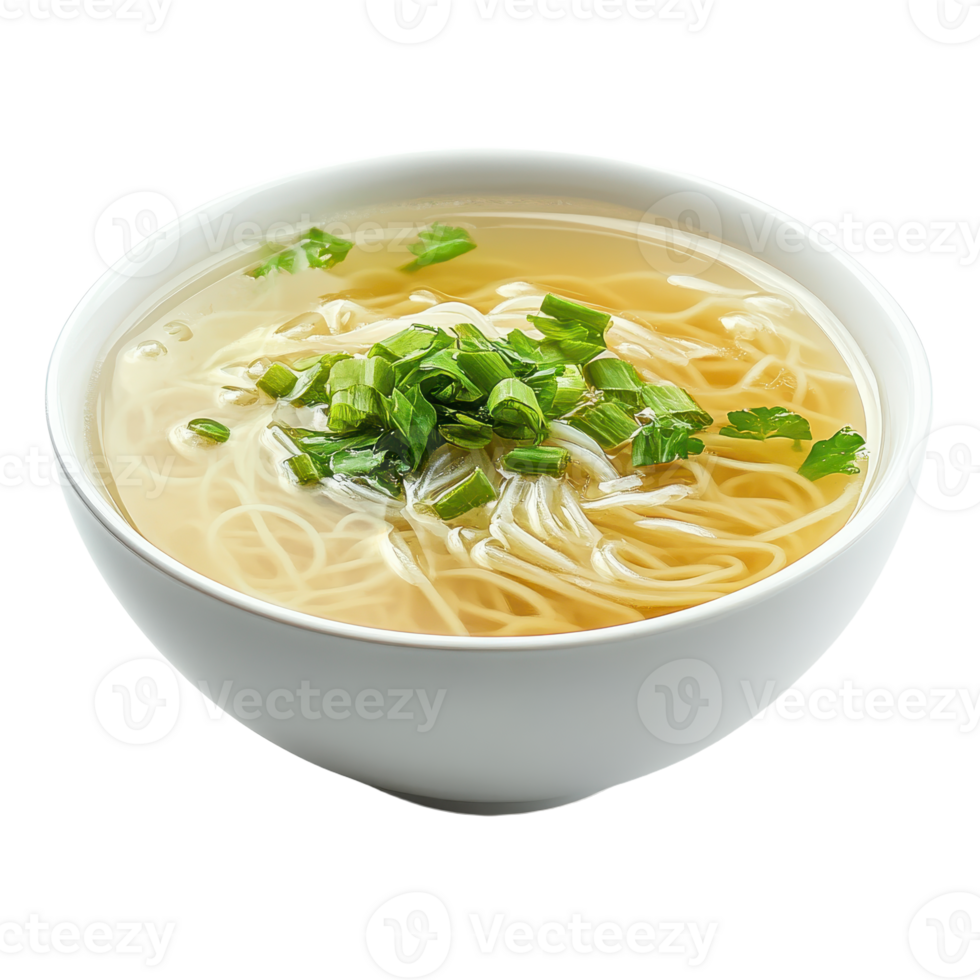 Bowl of noodle soup topped with fresh green onions A light and comforting meal perfect for a quick lunch or dinner Isolated png