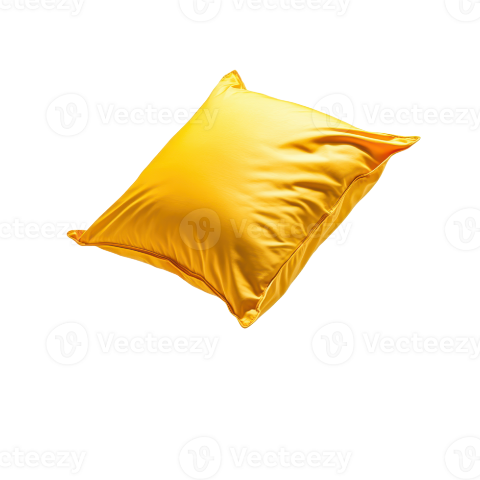 Isolated yellow pillow The pillow is square and isolated on a The fabric has a shiny smooth appearance with visible creases png