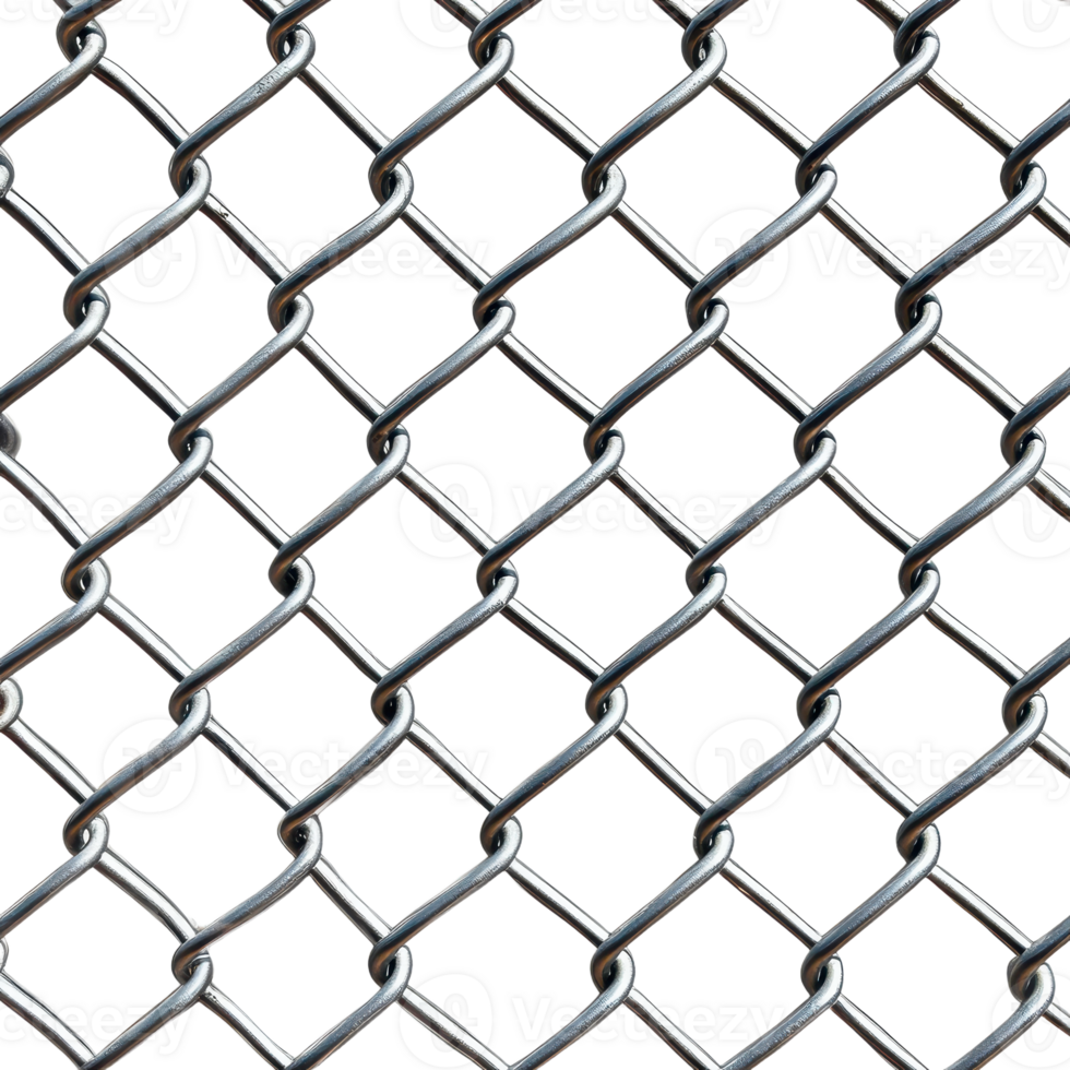 Detailed image of a chain link fence against a emphasizing the metallic texture and geometric pattern of the fence png