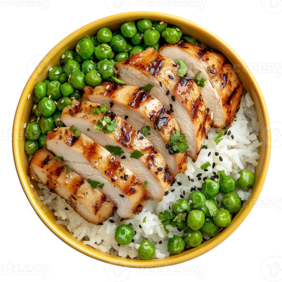 Grilled chicken and pea bowl with rice A delicious and nutritious meal Top view isolated on in a yellow bowl png