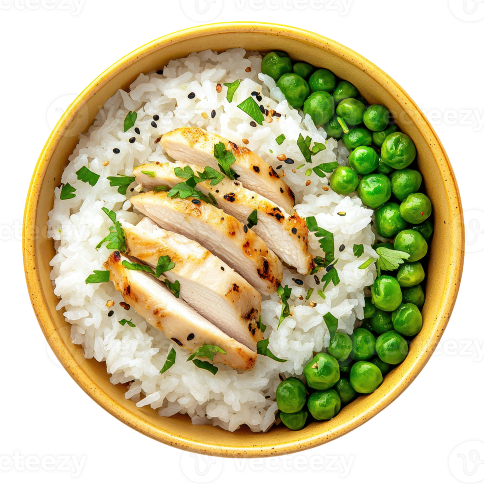 A bowl of rice grilled chicken and peas Garnished with herbs and sesame seeds on a transparent background Nutritious and flavorful png