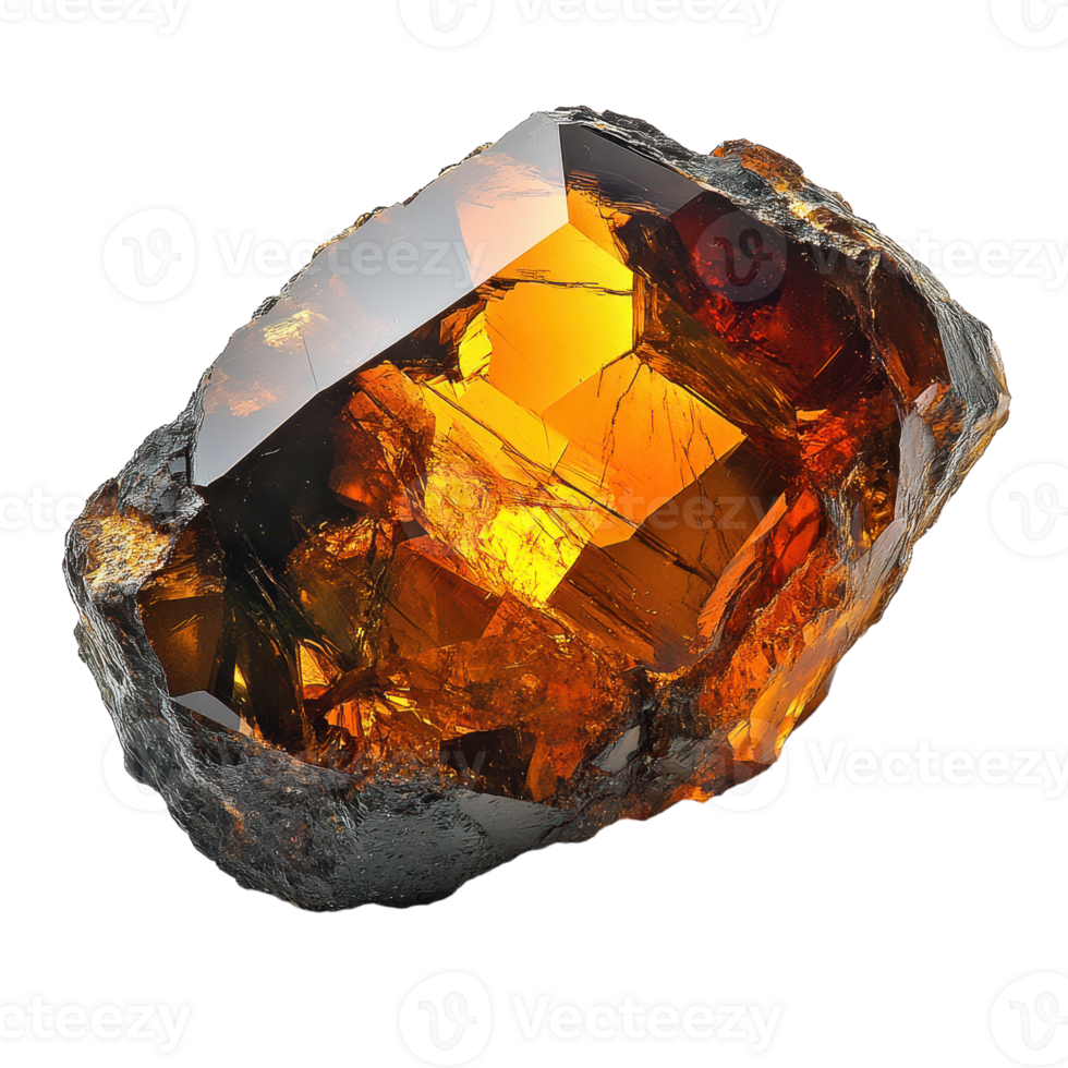 Captivating close-up of a multifaceted amber gemstone exhibiting sharp edges and a warm internal glow against a stark png