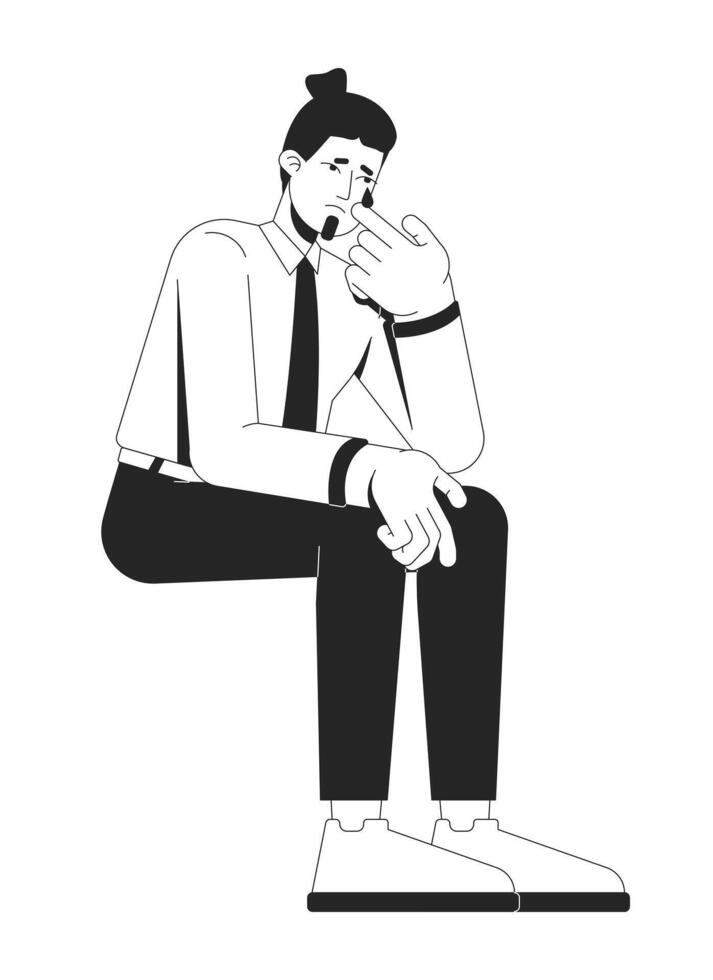 Sad businessman sitting slumped, wiping away tear 2D line character. Corporate crying. Stressed male professional with tearful face isolated ink outline person. Monochromatic spot illustration vector