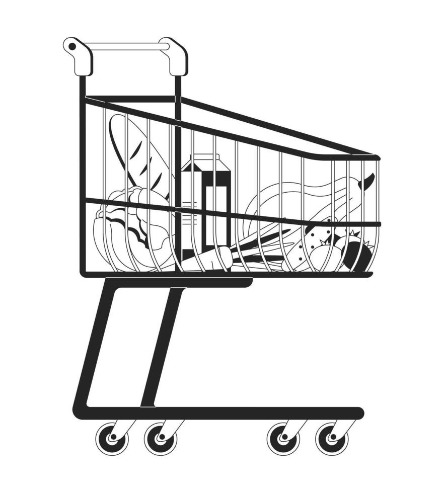 Shopping cart filled with groceries 2D line object. Consumer spending. Food cost. Bread, milk, vegetables. Supermarket trolley isolated clipart ink outline item. Monochrome spot illustration vector