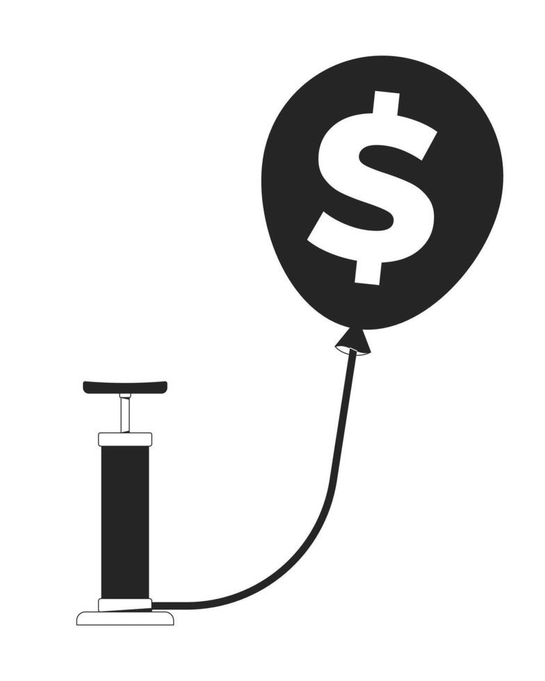 Inflation concept with dollar balloon and pump 2D line object. Rising prices. Financial pressure. Economic stress. Helium baloon isolated clipart ink outline item. Monochrome spot illustration vector