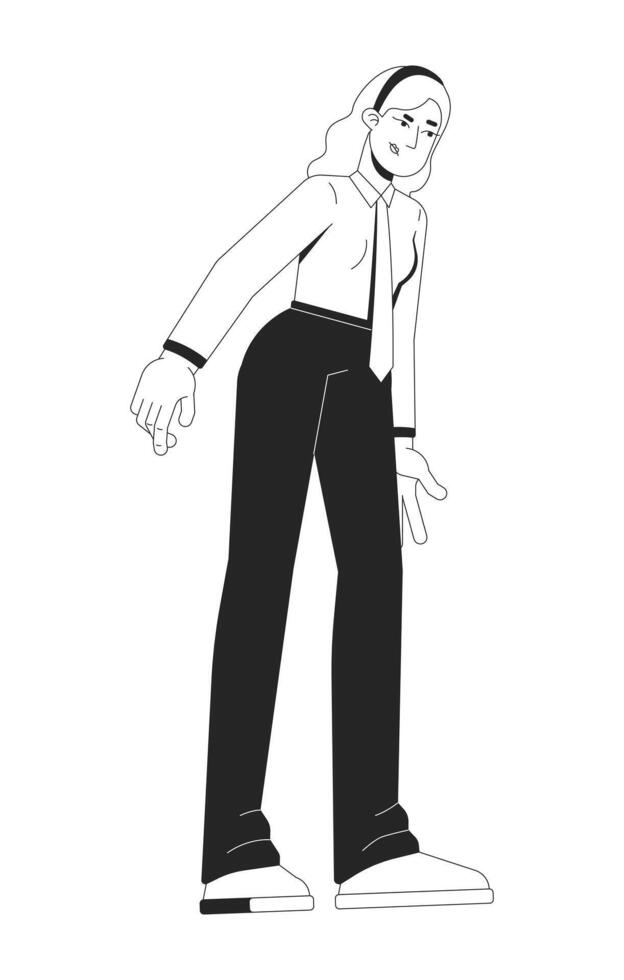 Displeased blonde businesswoman looking down in disappointment 2D line character. Frustrated office worker downward gaze isolated ink outline person. Monochromatic spot illustration vector
