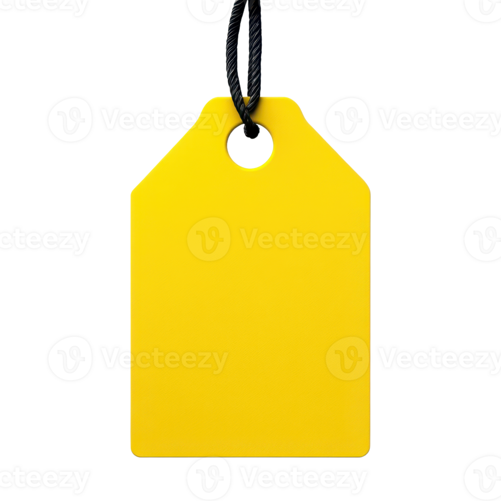 A vibrant yellow tag with a cord isolated on a transparent backdrop ready for pricing or labeling Simple clean design png